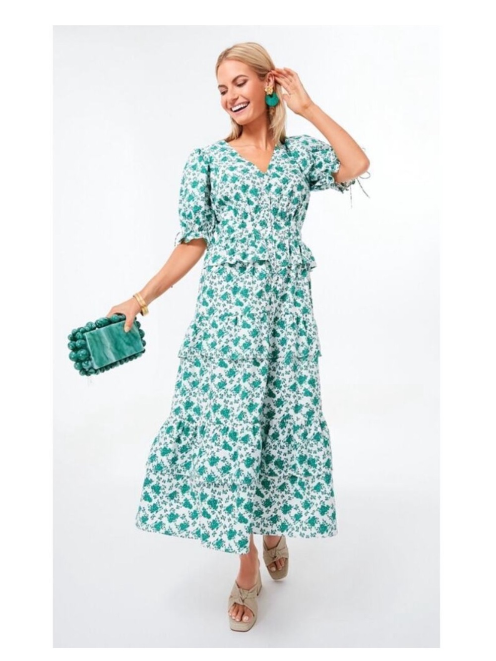 Tuckernuck Hyacinth House Irenea Midi Dress Green Floral Ruffle Puff Sleeve Lrg